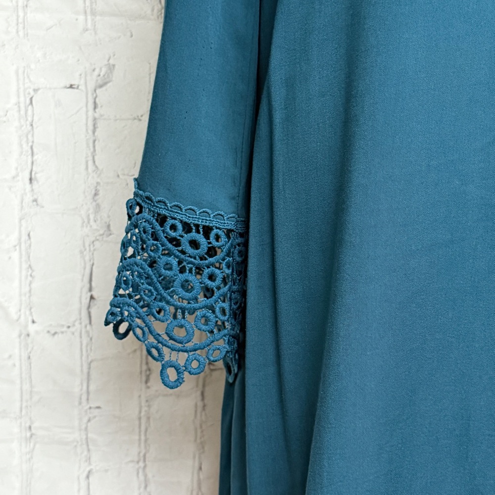 Altar'd State Teal Midi Dress with Lace Sleeves - Picture 3 of 5